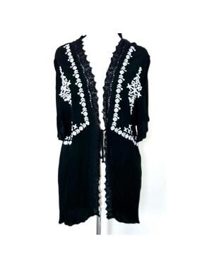 Cato Black Lace White Embroidered Floral Duster Kimono Size Large
